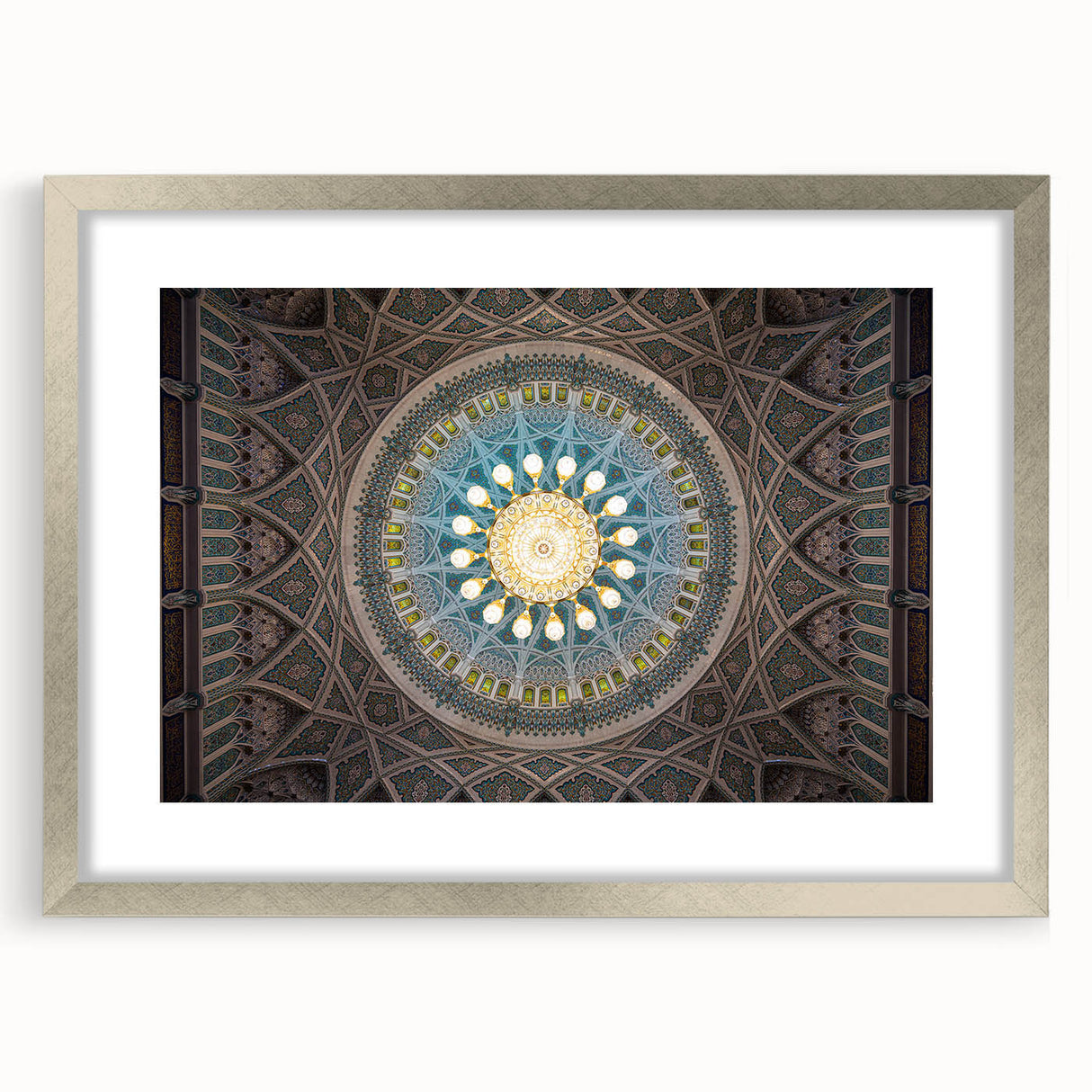 Textured art of abstract Middle Eastern scenery in silver frame, suited for bedroom decor.