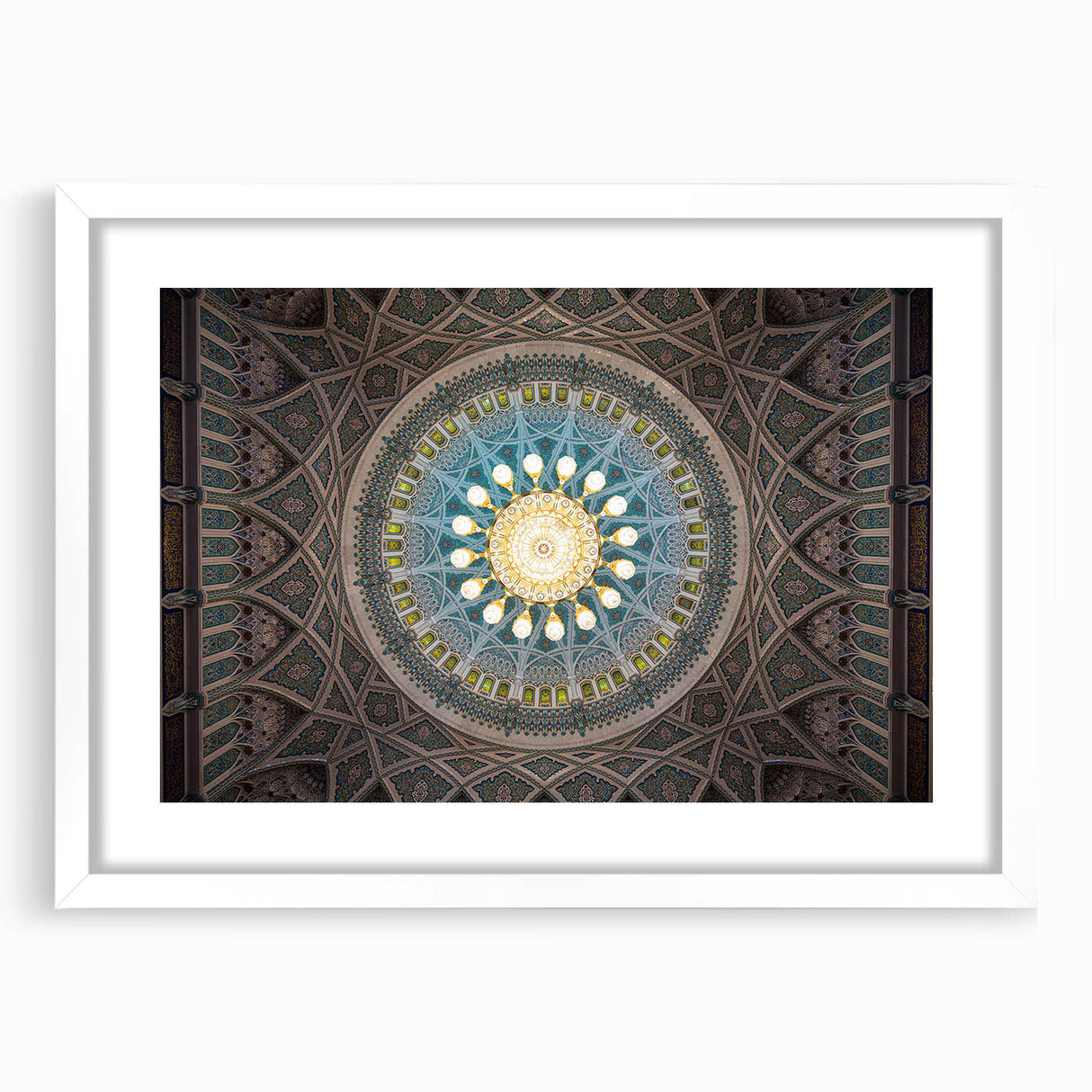 Abstract art print of Middle Eastern scenery in muted earth tones on a framed white mat, ideal for dining room decor.