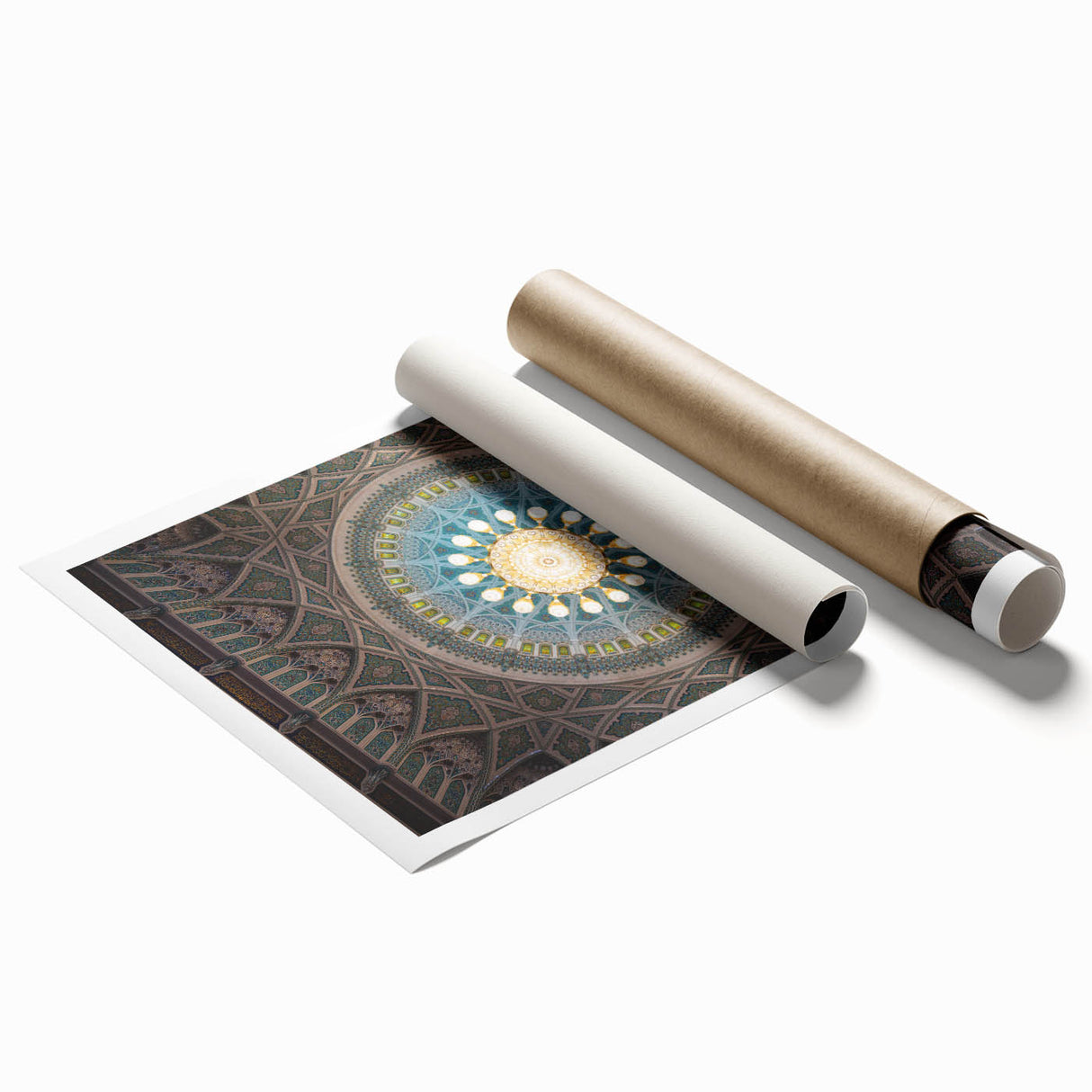 Extra large rolled print of a Middle Eastern Oman scenery with floral motifs in earthy tones.