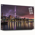 Large abstract wall art of Auckland's skyline in muted blue tones on acrylic glass, ideal for bedroom or dining room decor.