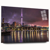 Large abstract wall art of Auckland skyline in muted blue tones on acrylic glass, ideal for bedroom or dining room decor.