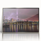 Mid-century modernist art of Auckland skyline in muted blue tones on a framed acrylic, ideal for nursery wall decor.