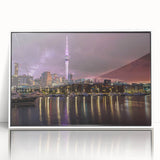 Framed acrylic print of Auckland skyline with muted blue and gray tones, suitable for modern art wall decor.