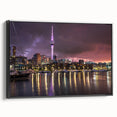 Black and white framed canvas depicting a vintage-style Auckland landscape, ideal for bedroom wall art.