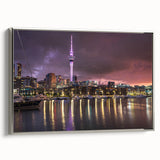 Framed canvas of Auckland landscape with vibrant colors, perfect for adding a vintage touch to any living space.