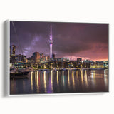 Vintage poster art of Auckland skyline, featuring vibrant colors on extra large framed canvas, ideal for living room decor.