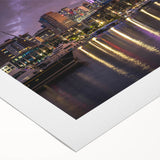 Art deco poster of Auckland skyline in muted gray and blue tones on rolled canvas, suitable for dining room decor.