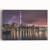 Black and white photograph of Auckland skyline on stretched canvas, ideal for kitchen wall art.