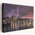 Side view of a stretched canvas depicting the Auckland skyline in muted watercolor shades, suitable for kitchen wall art.