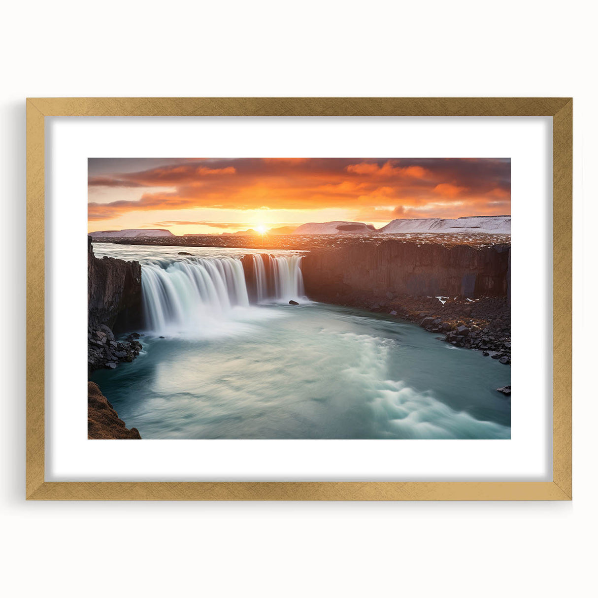 Extra large abstract art print of a textured South American scenery in muted earth tones, framed in gold.