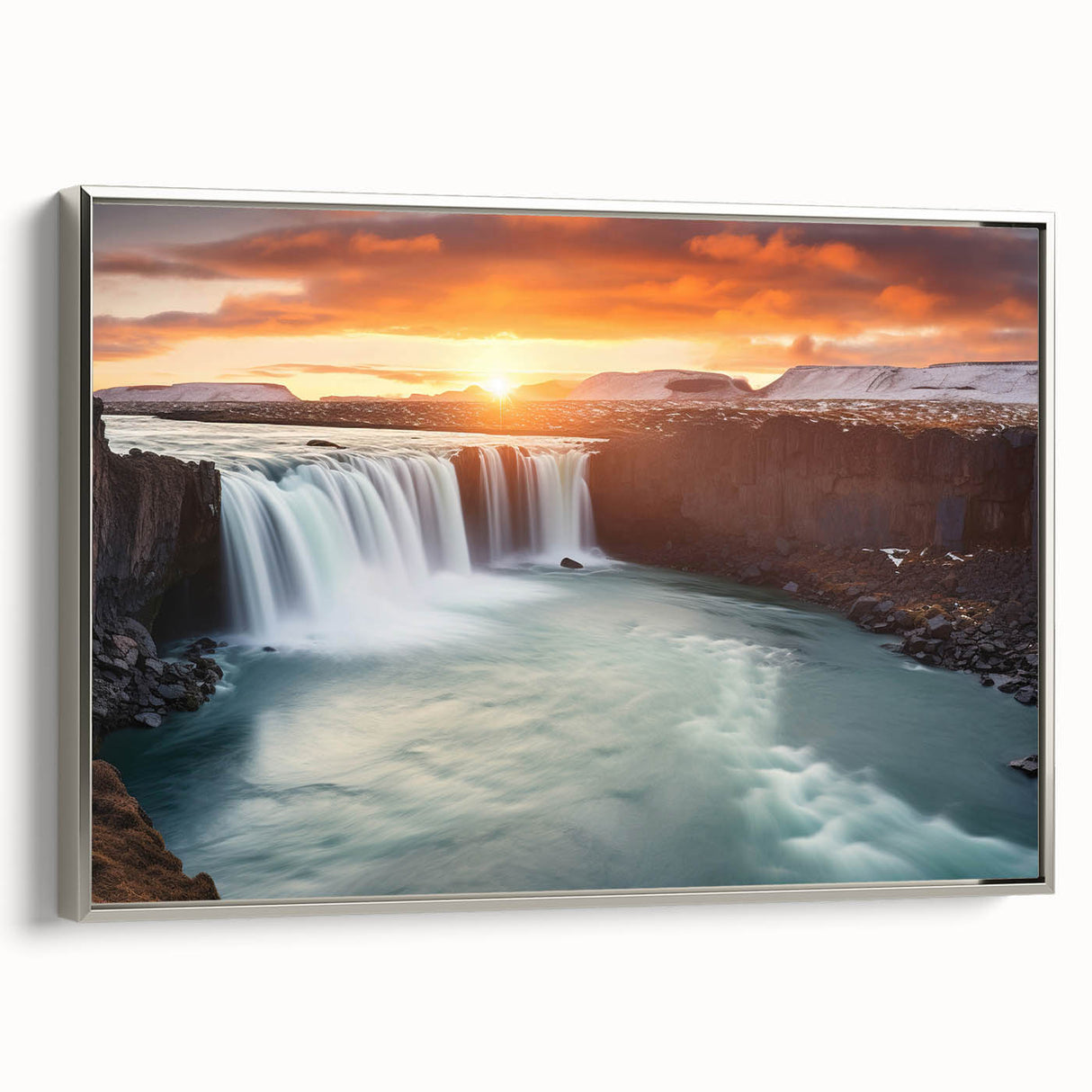 Framed canvas landscape art painting of a vintage South American scenery in vibrant colors on a black background.