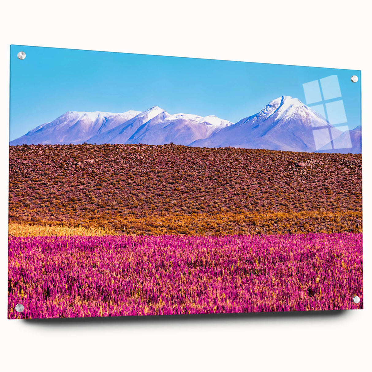 Acrylic print of a Bolivian landscape in muted earth tones, ideal for bedroom or dining room art.