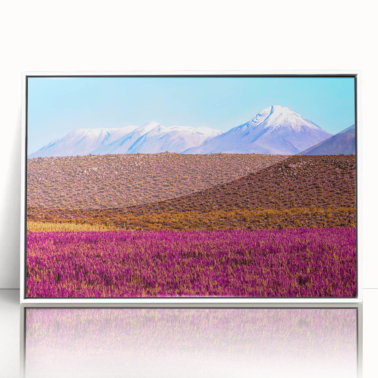 Art deco poster of Bolivian scenery with muted earth tones on a white framed acrylic, suitable for modern nursery decor.