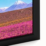 Extra large framed canvas of a textured black wall art featuring colorful Bolivian scenery, ideal for living room decor.