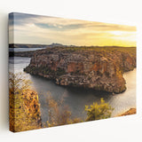 Side view of a stretched canvas depicting a vibrant scene of a Brazilian landscape, ideal for kitchen wall art.