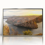 Framed acrylic print of a mid-century modernist Brazilian landscape in soft earth tones, ideal for nursery wall art.