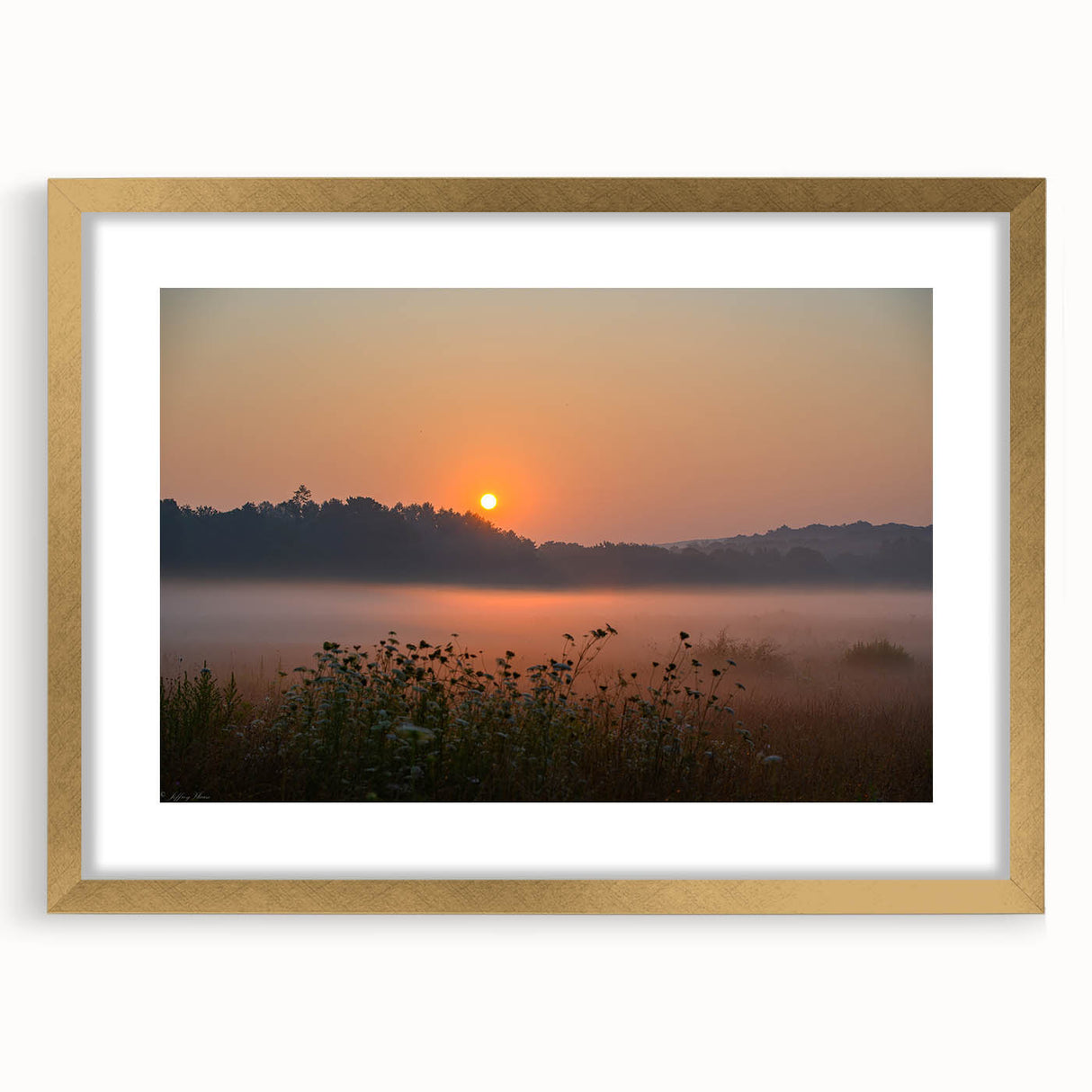 Extra large abstract art print depicting a textured Connecticut scenery in muted earth tones on a gold-framed canvas.