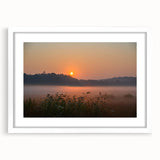 Abstract art print of Connecticut scenery in muted earth tones on a framed white mat, ideal for dining room decor.