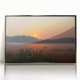 Mid-century modernist style large art print of a Connecticut scenery in gold tones, acrylic framed.