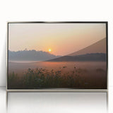 Mid-century modernist art depicting Connecticut scenery in muted blue and green tones on a framed acrylic.