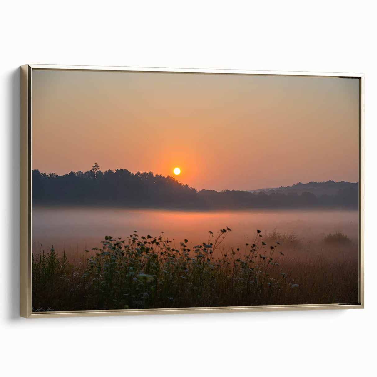 Framed canvas depicting a vintage-style Connecticut landscape in muted gold and black, ideal for bedroom wall decor.