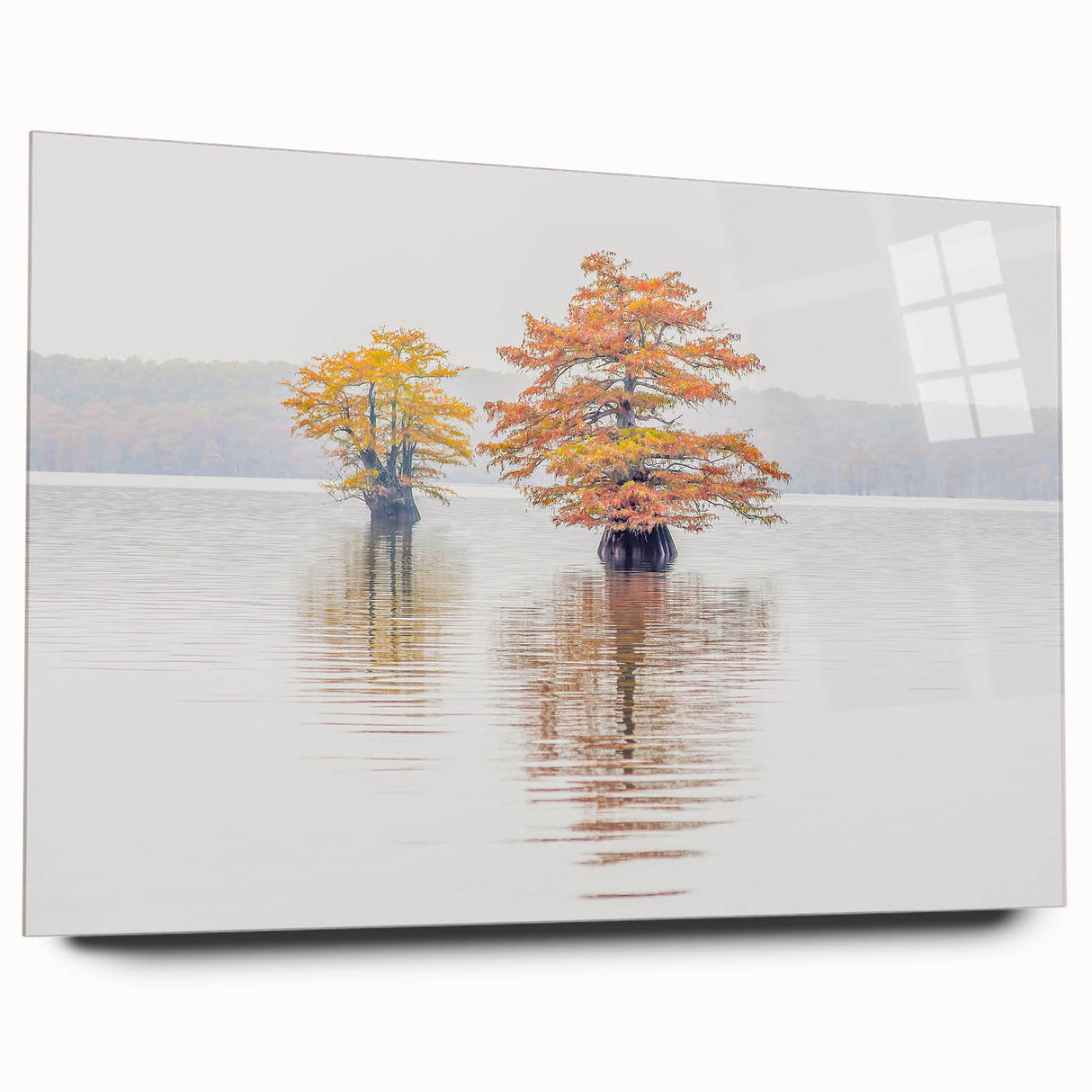 Large abstract wall art depicting a Louisiana landscape in cool blues and greens on acrylic glass.