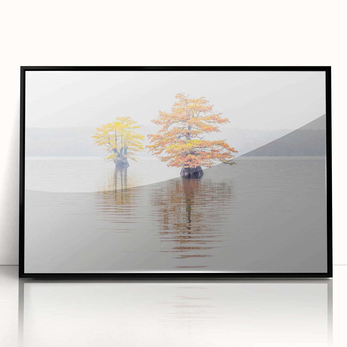Large abstract wall art depicting a Louisiana landscape in muted greens and blues on a framed acrylic panel.