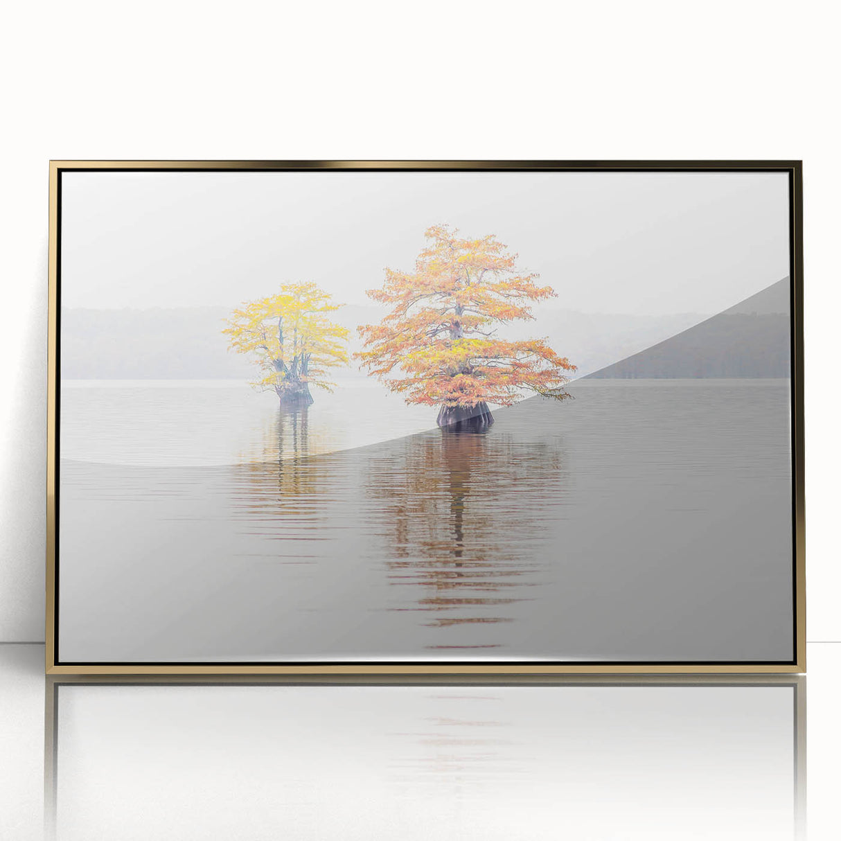 Framed acrylic print of a Louisiana scenery in gold tones, ideal for modern art wall decor.