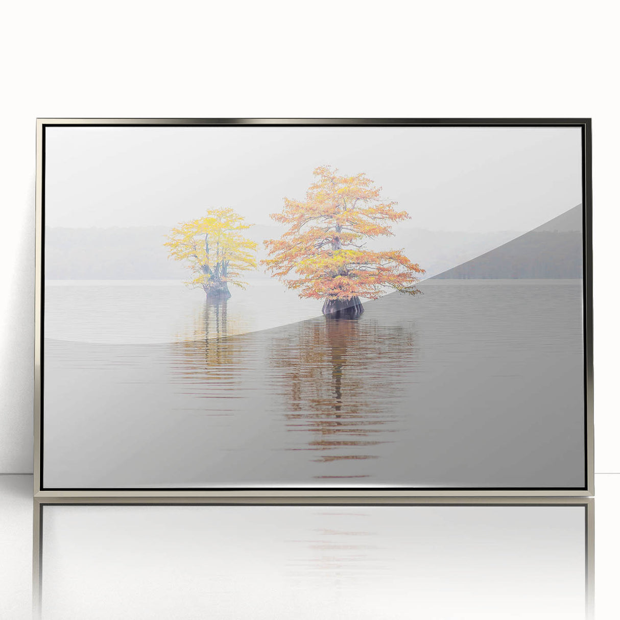 Mid-century modernist art depicting Louisiana scenery in muted earth tones on a silver-framed acrylic print.