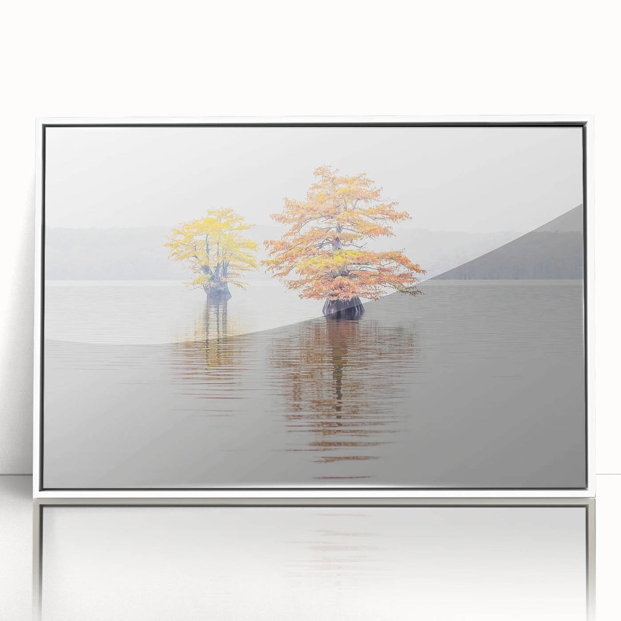 Acrylic print of a Louisiana landscape in art deco style with soft pastel colors, framed in white.
