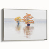 Landscape art painting of a Louisiana marsh in muted greens and blues on framed canvas, suitable for living room decor.