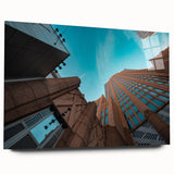 Acrylic print of a large abstract depiction of Charlotte skyline in muted blue and gray tones.