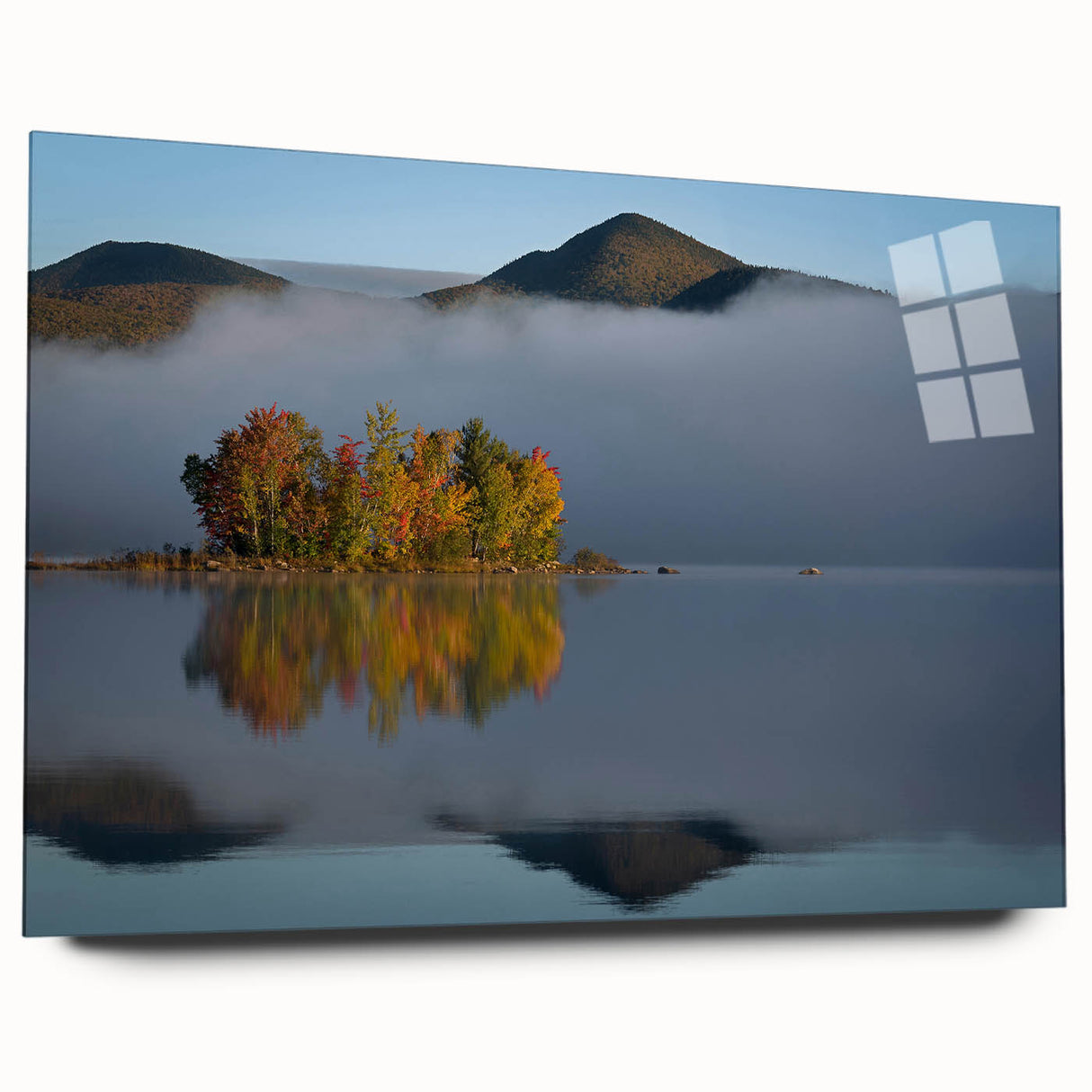 Large abstract wall art featuring a mid-century modernist Vermont landscape in muted earth tones, printed on acrylic glass.