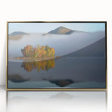 Large art print of a Vermont landscape in muted green and gold tones on a framed acrylic, ideal for modern nursery decor.