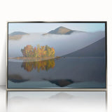 Mid-century modernist art depicting Vermont scenery in muted earth tones on a framed acrylic panel.