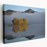 Large art depicting a serene Vermont landscape on stretched canvas, featuring green and brown tones.