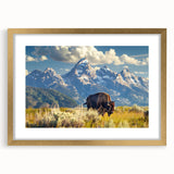 Extra large textured art print of Wyoming's Grand Tetons in muted earth tones, framed in gold, ideal for living room decor.