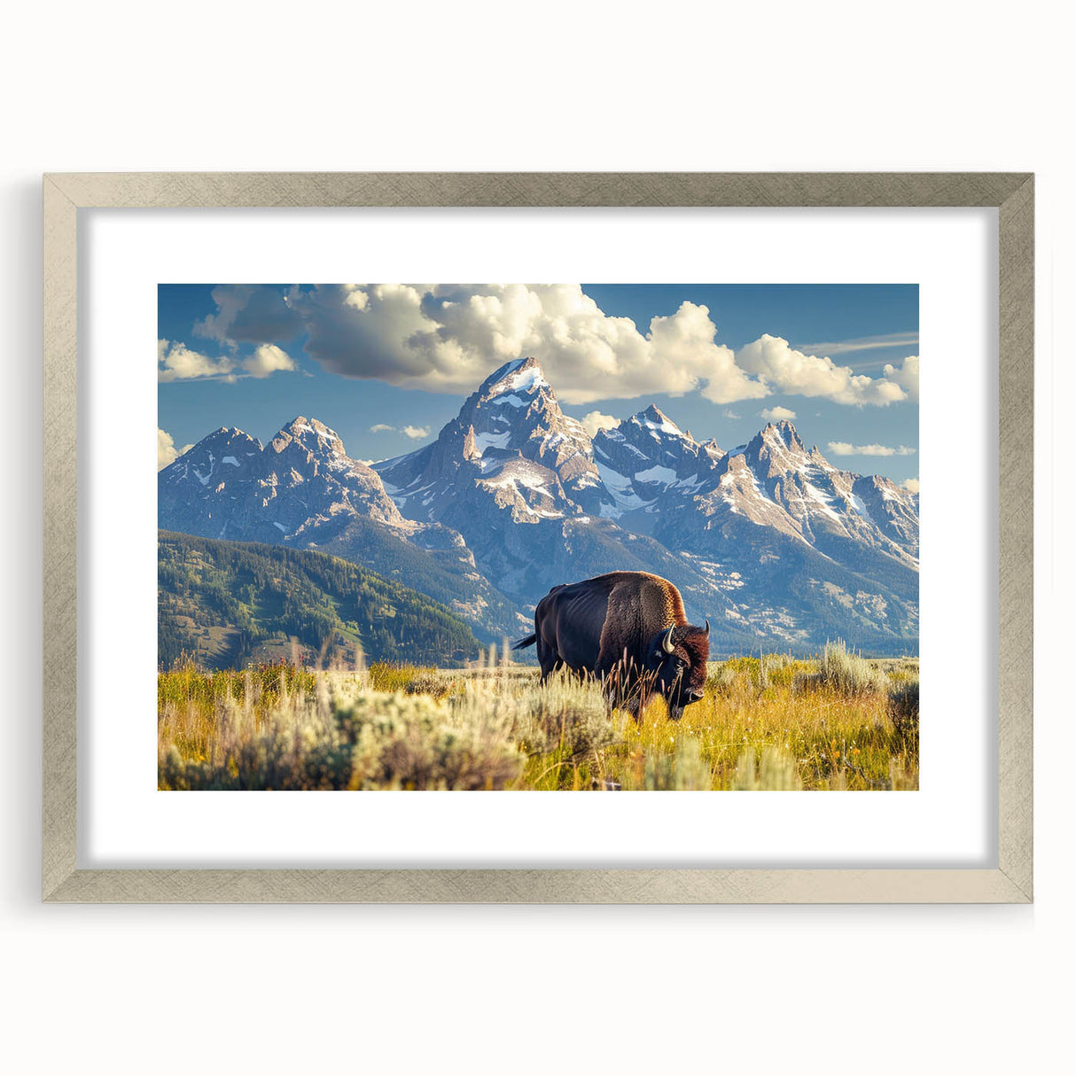 Textured art of Wyoming's Grand Tetons in abstract style with muted earth tones, silver framed with mat.