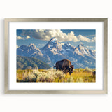 Textured art of Wyoming's Grand Tetons in abstract style with muted earth tones, silver framed with mat.