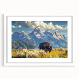 Abstract art print of the Grand Tetons in muted earth tones on a framed white mat, ideal for dining room decor.