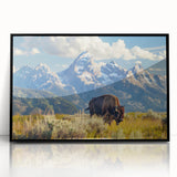 Large abstract wall art depicting the Grand Tetons in muted earth tones on a framed acrylic.