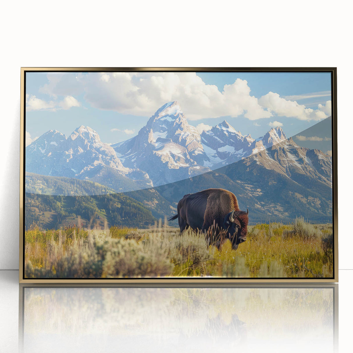 Mid-century modernist art of the Grand Tetons in muted earth tones on a framed acrylic, ideal for modern art wall decor.