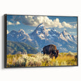 Black and white framed canvas of Wyoming's Grand Tetons, ideal for bedroom landscape art in a vintage poster style.
