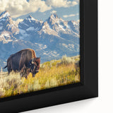 Framed canvas of the Grand Tetons in black with colorful textured art, suitable for large living room walls.