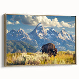 Framed canvas wall art featuring a vintage-style landscape of the Grand Tetons in muted gold and black.