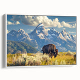 Vintage poster art of the Grand Tetons with colorful landscape on extra large framed canvas, ideal for living room decor.