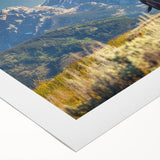 Art deco poster of Grand Tetons in muted earth tones on rolled canvas, suitable for dining room wall art.