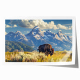 Rolled print of the Grand Tetons landscape in muted green and blue tones, suitable for art wall dining room.