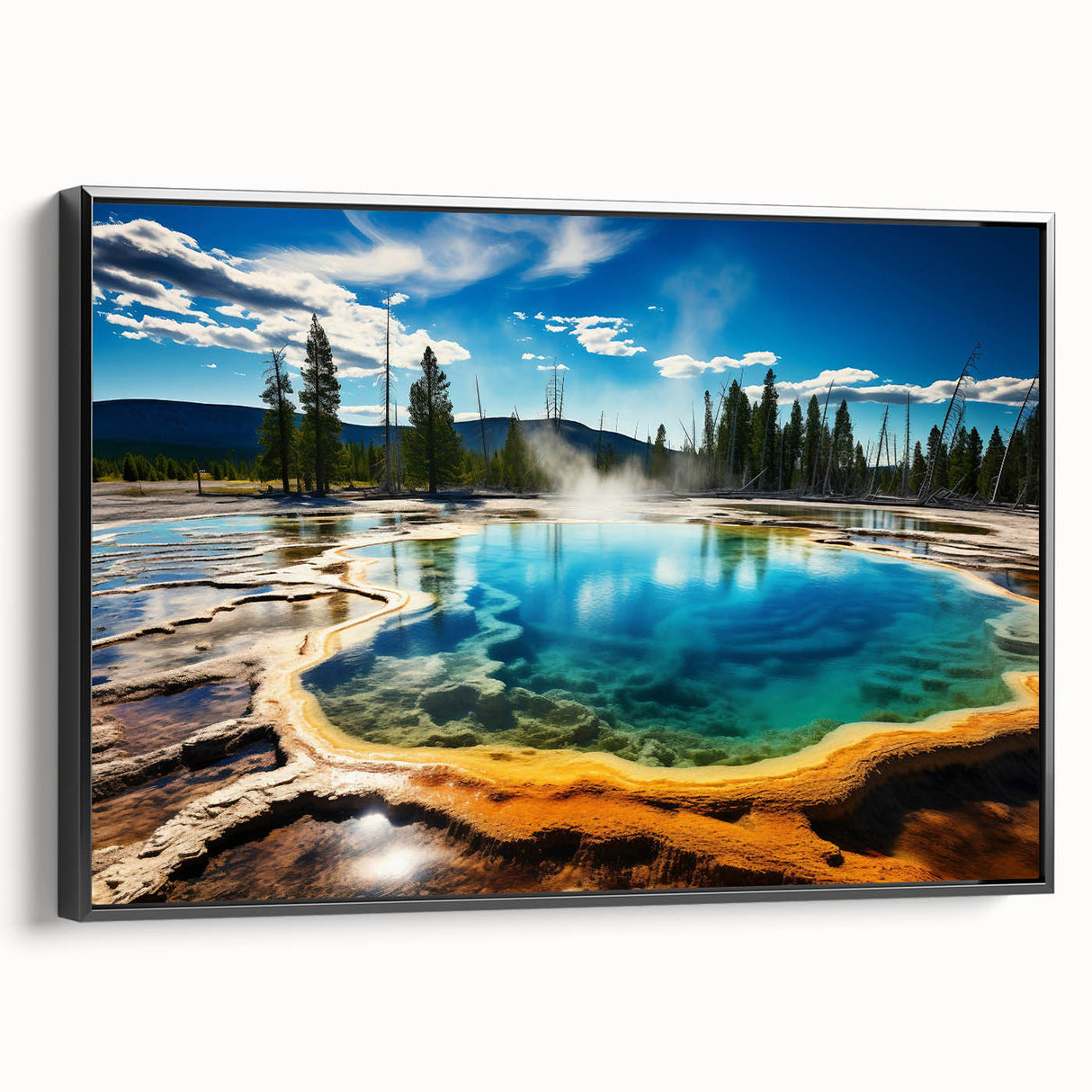 Black and white framed canvas featuring a vintage-style Yellowstone landscape, ideal for bedroom wall decor.