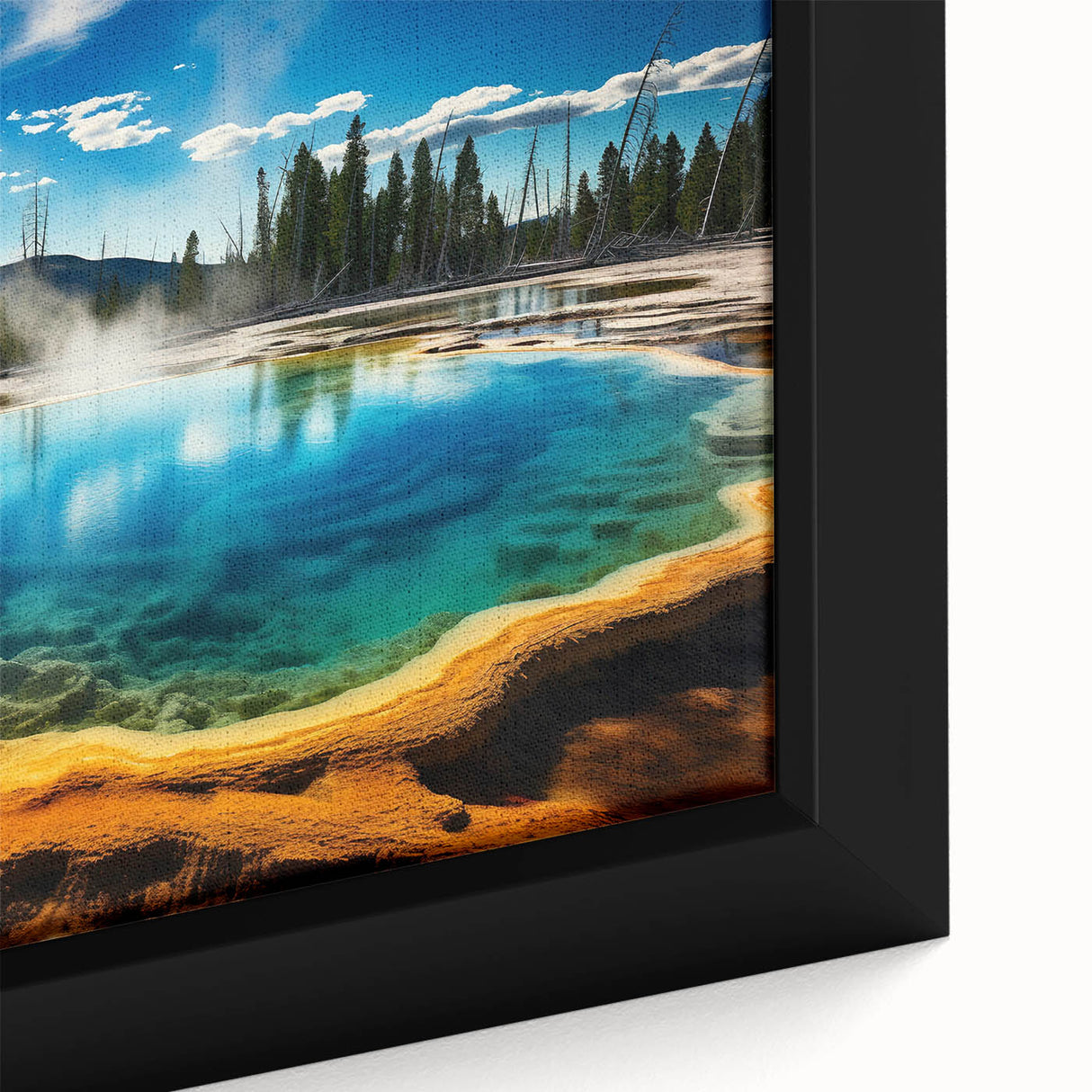 Extra large framed canvas depicting a textured, colorful Yellowstone scenery, ideal for living room decor.